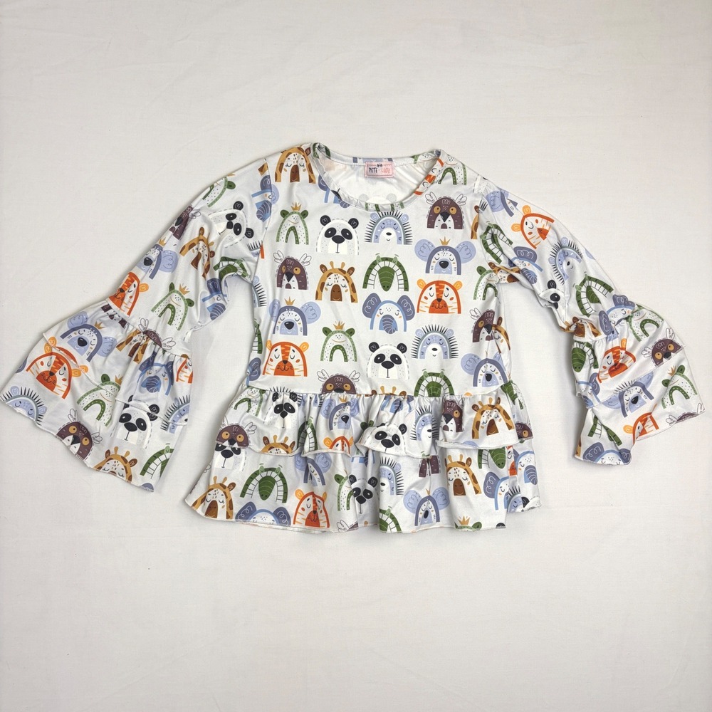 Pete + Lucy Girls Animal Print Bell Sleeve Peplum Top White Multi Size 7/8‎
